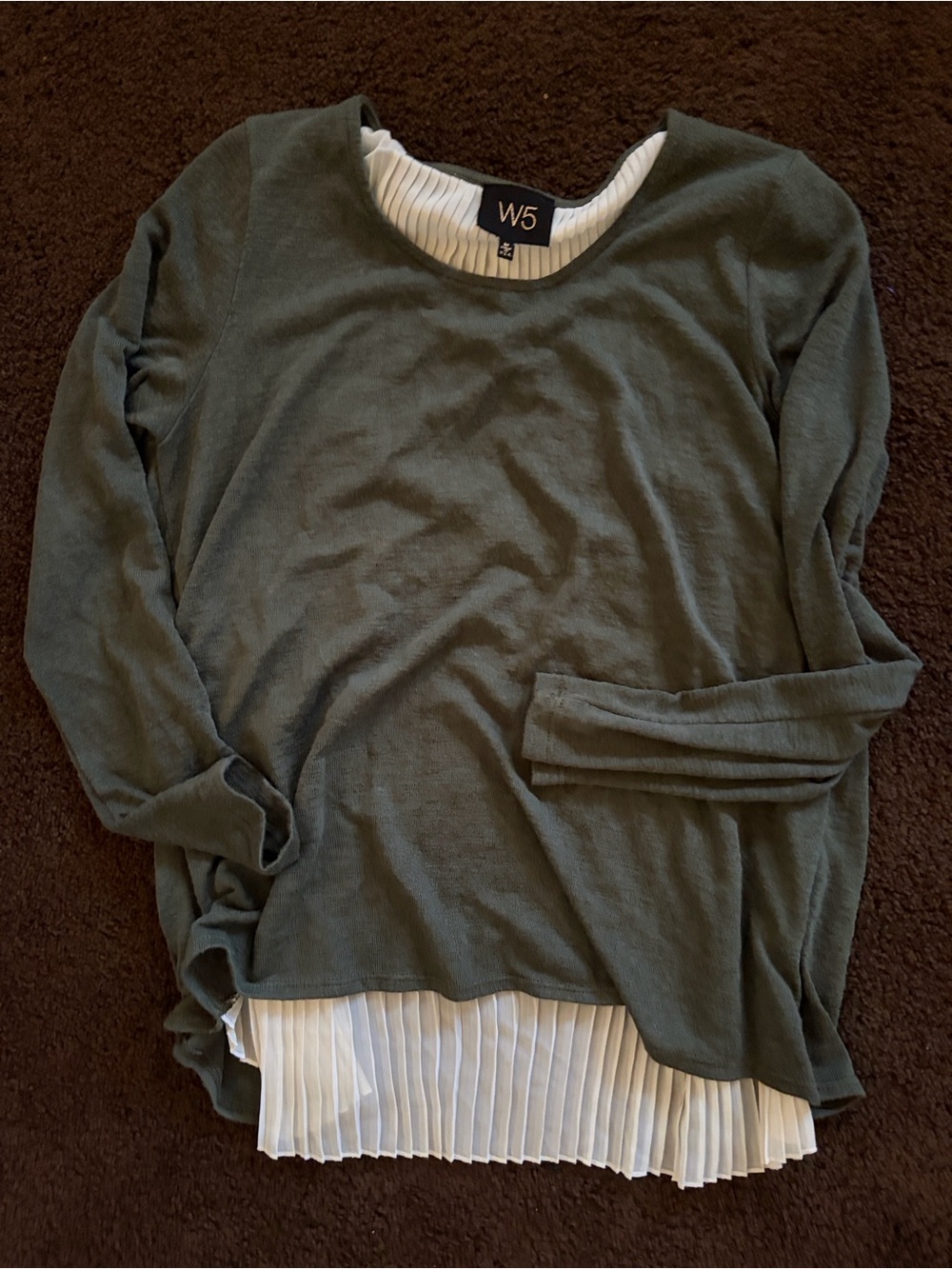 W5 Olive Layered Pullover with White Pleated Hem Detail